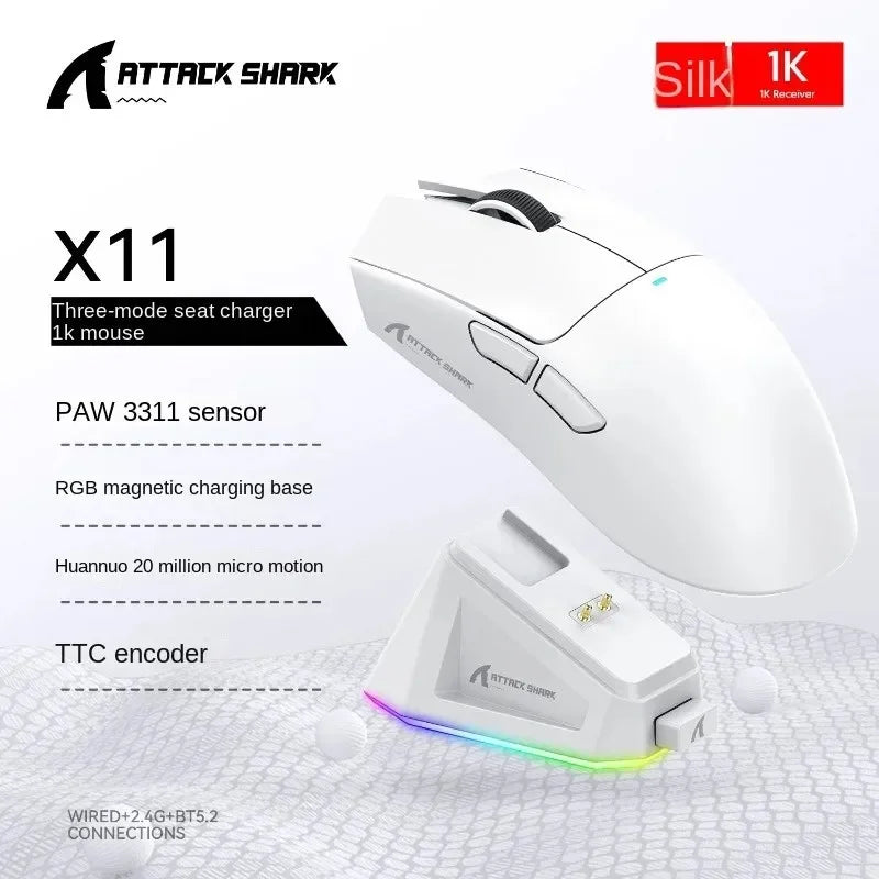 Mouse Gaming Attack shark x11 paw3311, conexão tripla modo, carregamento magnético, ultra leve