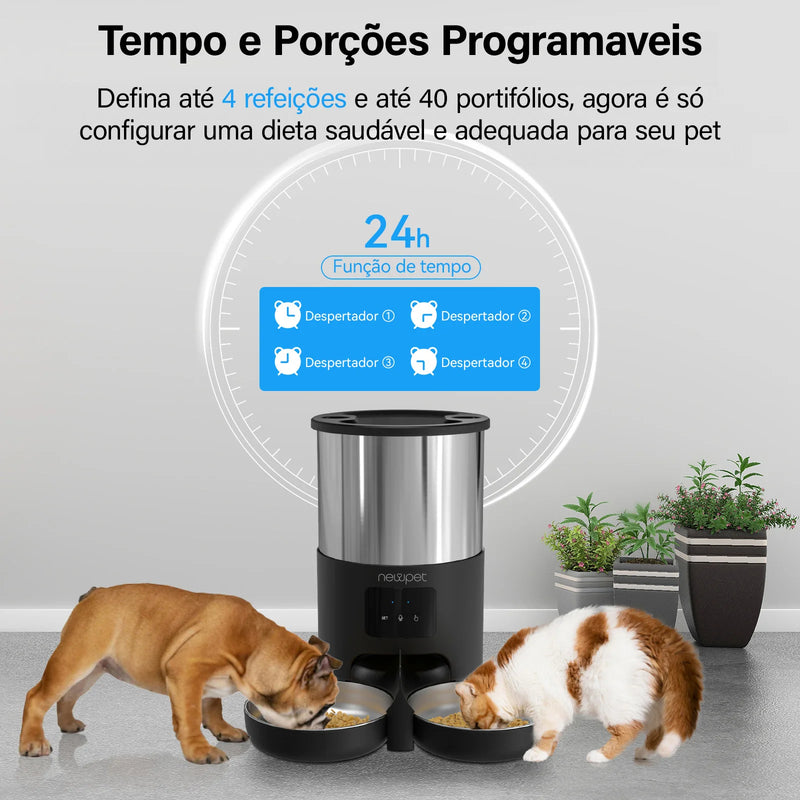 NewPet SmartFeeder Duo: Alimentador Automático Wi-Fi para Gatos e Cachorros com Controle por APP e Tigelas Duplas Inox