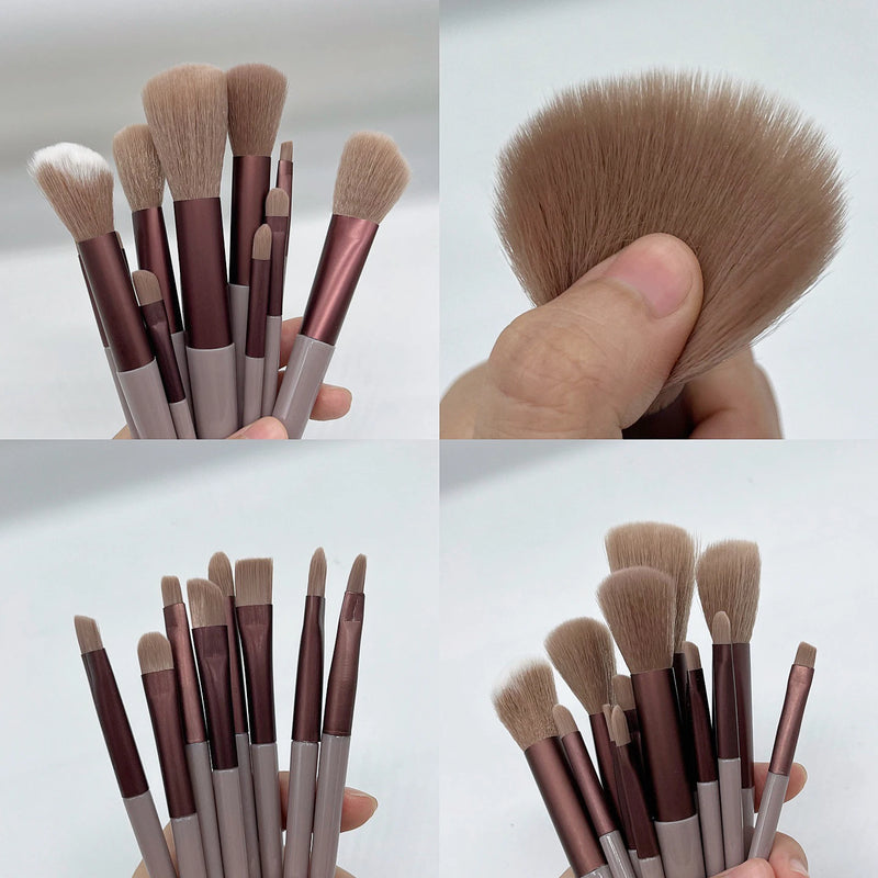 Kit de Pincéis de Maquiagem 13 Peças: Sombras, Base, Blush e Acessórios com Bolsa