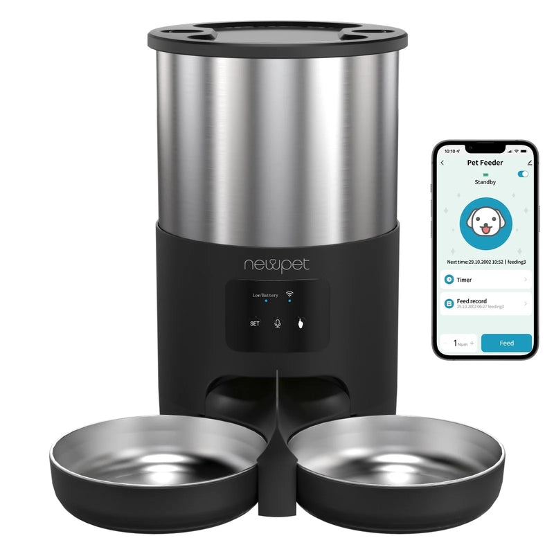 NewPet SmartFeeder Duo: Alimentador Automático Wi-Fi para Gatos e Cachorros com Controle por APP e Tigelas Duplas Inox