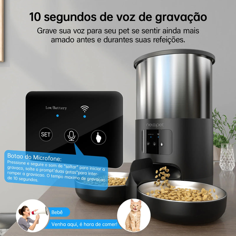 NewPet SmartFeeder Duo: Alimentador Automático Wi-Fi para Gatos e Cachorros com Controle por APP e Tigelas Duplas Inox